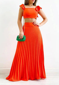 Orange Cap Sleeve Crop Top & High Waist Pleated Maxi Skirt
