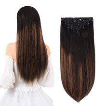 Load image into Gallery viewer, Natasha Black With Brown Highlight Double Weft Straight Human Hair 14- 20 Inches Clip-In Extensions