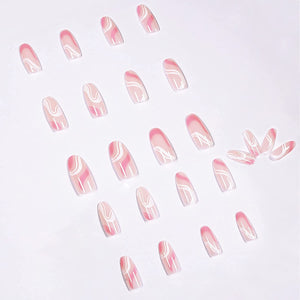 Pink & White Almond Shape Swirls Design 24 Pcs Press-On Nails