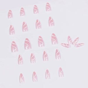 Glossy Pink  Almond Shape Swirls Design 24 Pcs Press-On Nails