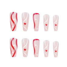 Load image into Gallery viewer, Red &amp; White Two-Tone Hearts &amp; Swirls 24 Pcs Coffin Shape Long Press-On Nails