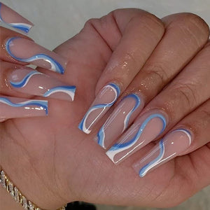 Blue & White Swirls Coffin Shape 24 Pcs Long Press-On Nails