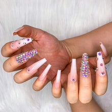 Load image into Gallery viewer, Pink &amp; White Rhinestones 24 Pcs Coffin Shape Long Press-On Nails