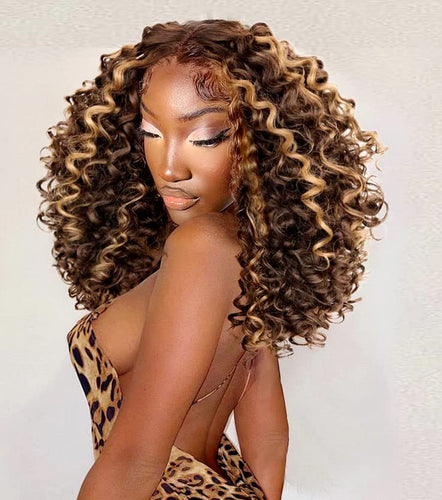 Honey Blonde P4/27 Curly Lace Front Human Hair Blend Wig