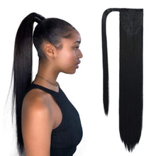 Load image into Gallery viewer, Black Silky Straight Human Hair Wrap Around Ponytail
