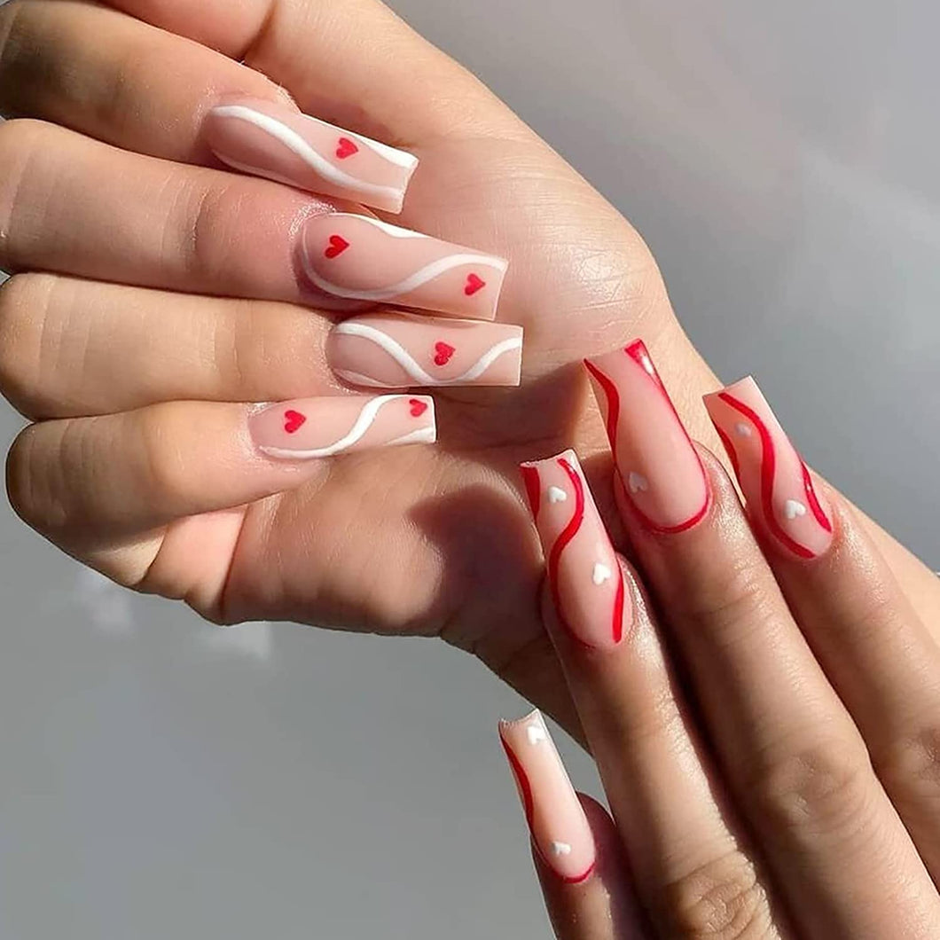 Red & White Two-Tone Hearts & Swirls 24 Pcs Coffin Shape Long Press-On Nails