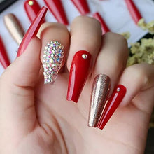 Load image into Gallery viewer, Red Sparkle 24 Pcs Coffin Shape Long Press-On Nails With Rhinestones