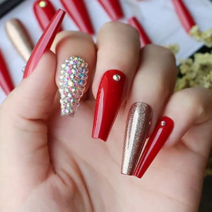 Red Sparkle 24 Pcs Coffin Shape Long Press-On Nails With Rhinestones