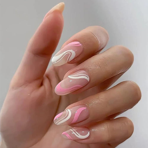 Pink & White Almond Shape Swirls Design 24 Pcs Press-On Nails