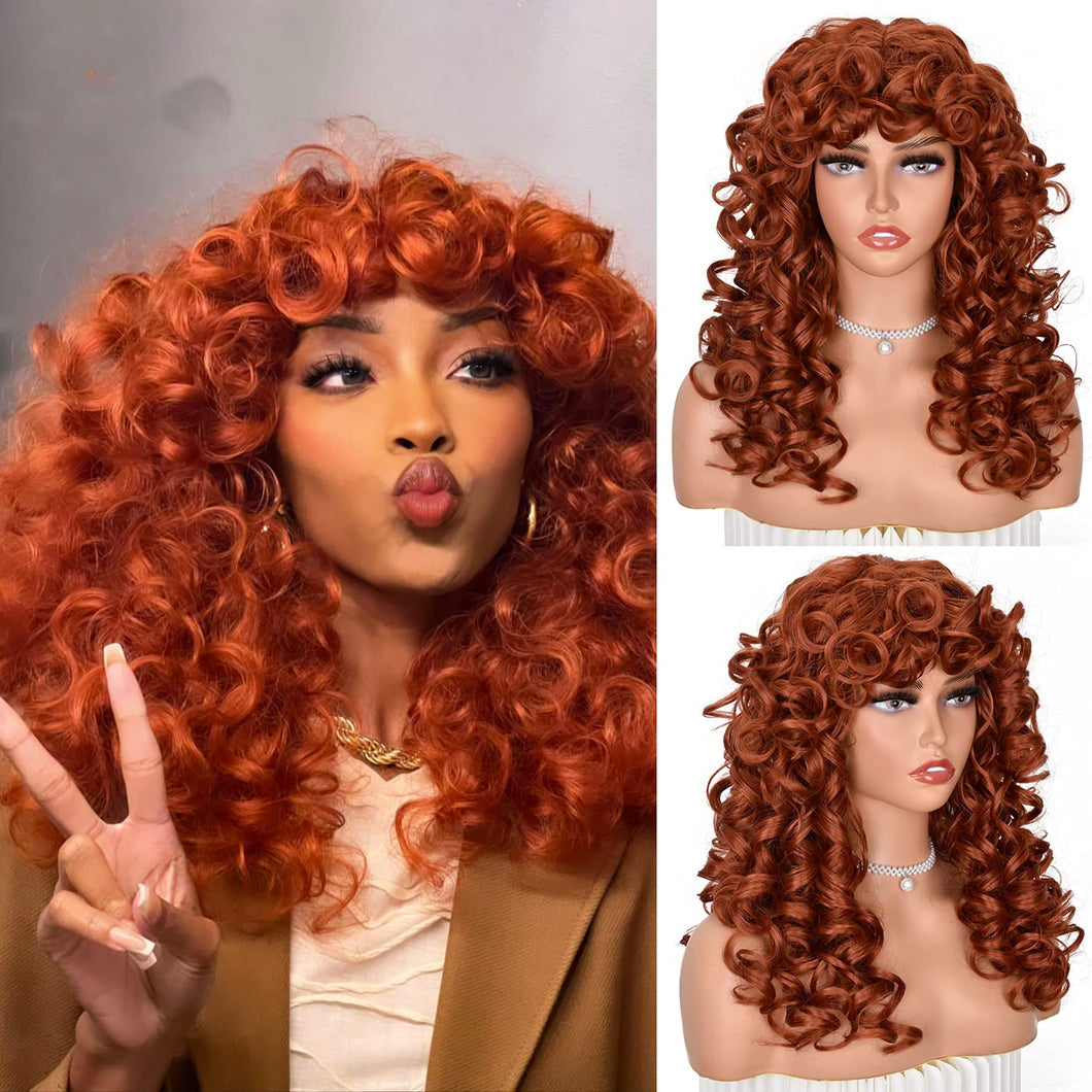 Janelle Kinky Curly Layered Copper Red Synthetic Wig With Bangs