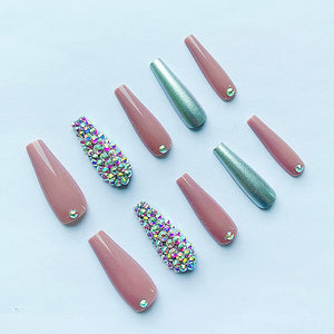 Pink Sparkle 24 Pcs Coffin Shape Long Press-On Nails With Rhinestones