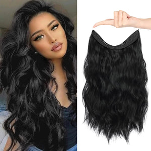 Jet Black Beach Waves Halo Hair Extensions