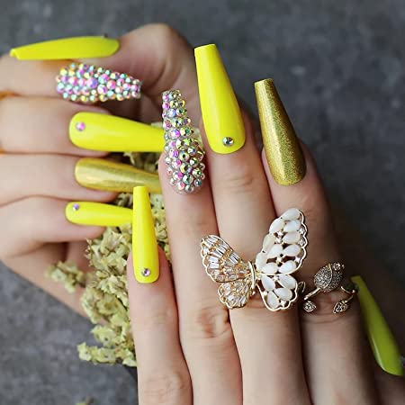 Yellow Sparkle 24 Pcs Coffin Shape Long Press-On Nails With Rhinestones