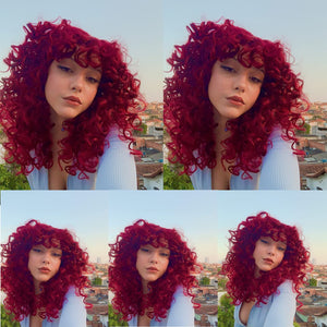 Red Kinky Curly Layered Synthetic Wig With Bangs