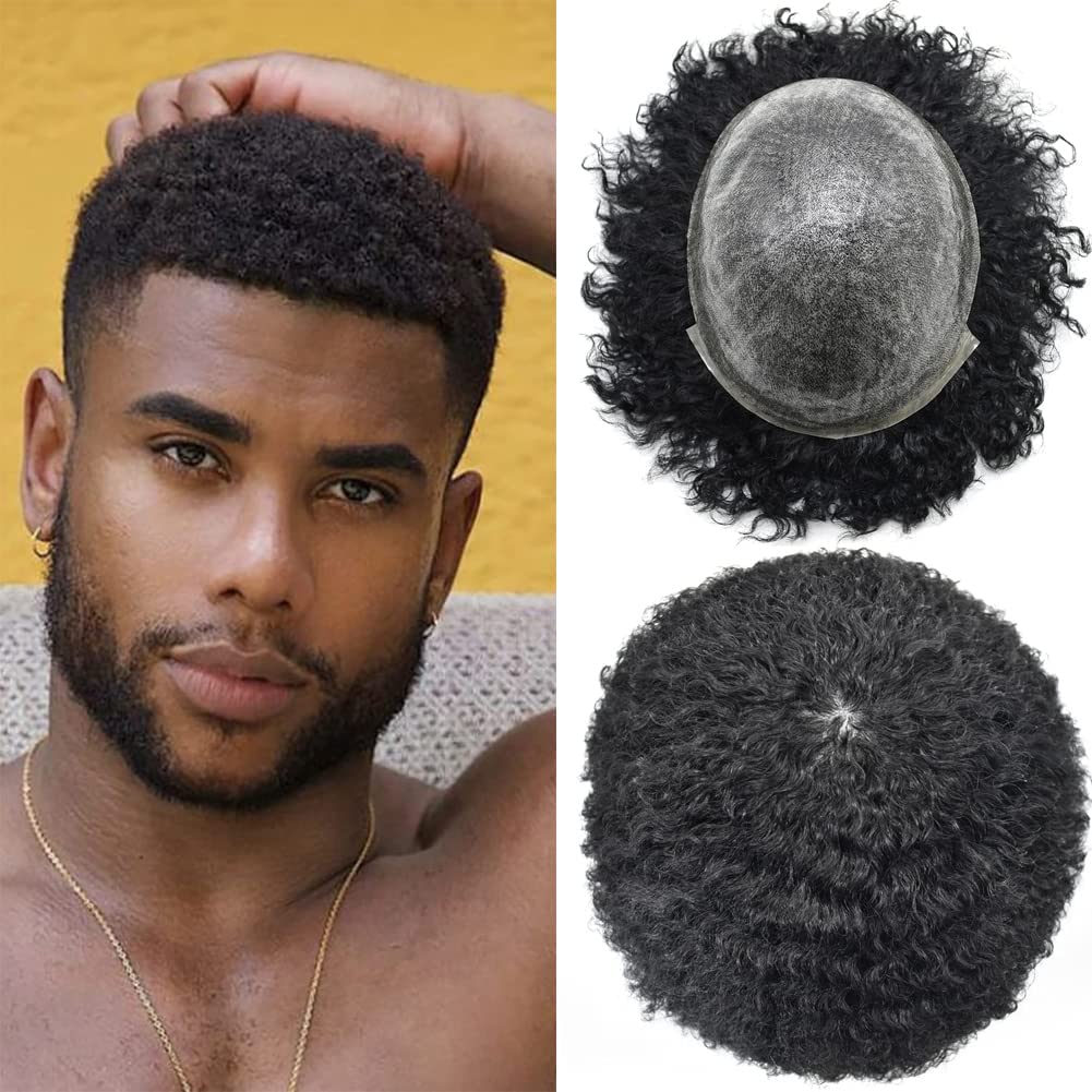 Shaun Jet Black & 1B 6 Inches Curly 120% Density Human Hair Lace Front Wave Toupee for Men