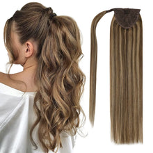 Load image into Gallery viewer, Kennedy Brown &amp; Caramel Blonde Mix Human Hair Wrap Around 14-24&quot; Ponytail Extension