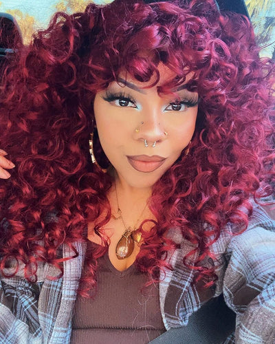 Red Curly Layered Synthetic Wig With Bangs