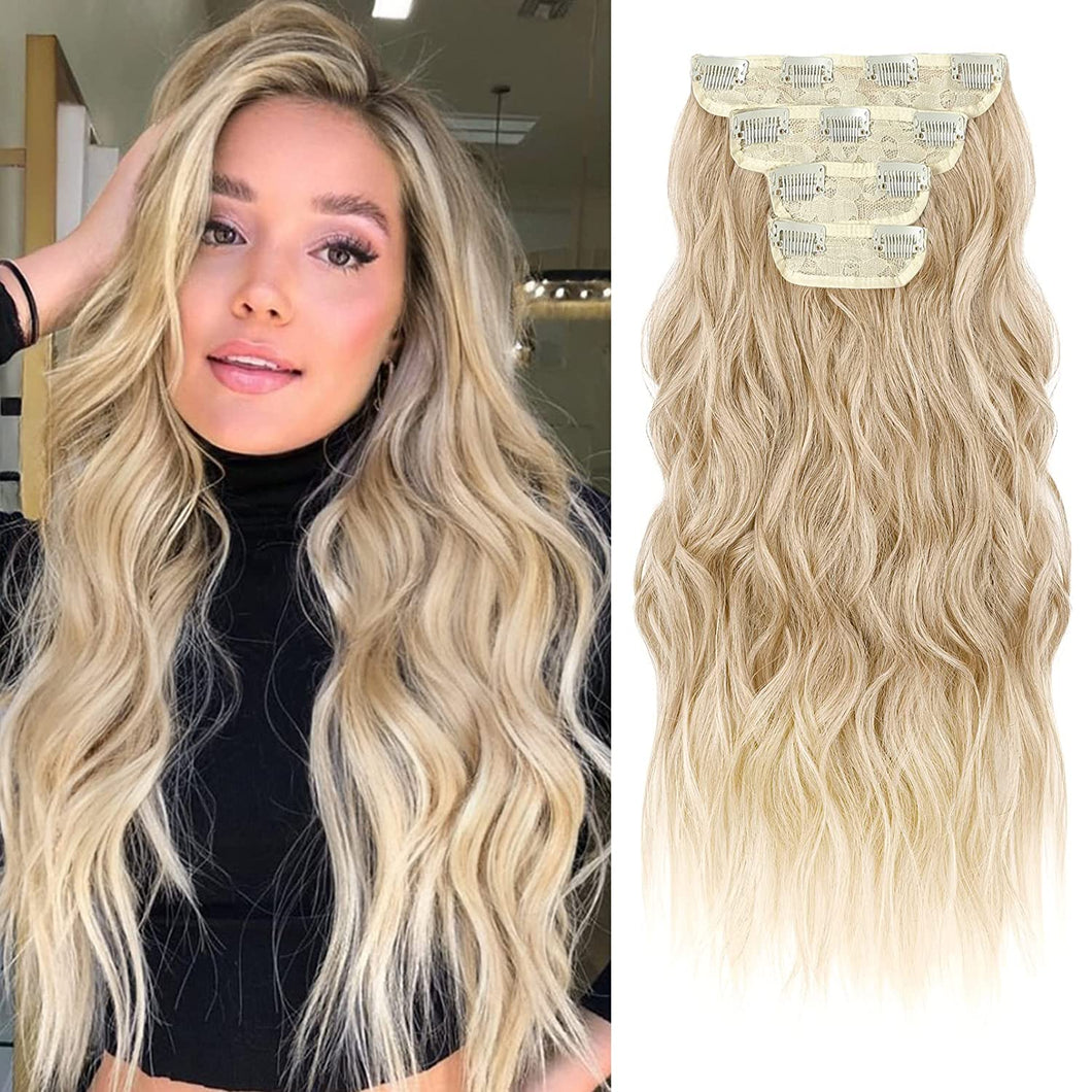 Blonde with Light Blonde Ends Wavy 4 Pcs Synthetic Clip-in Hair Extensions