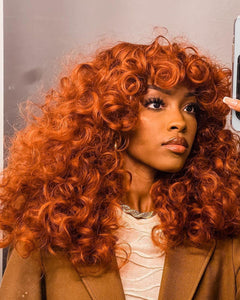 Janelle Kinky Curly Layered Copper Red Synthetic Wig With Bangs