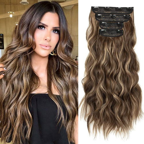 Lilly Chocolate Brown with Blonde Highlights Wavy 4 Pcs Synthetic Clip-in Hair Extensions