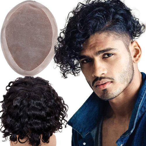 Curly Black 6 Inches 130% Density European Human Hair Lace Front Toupee