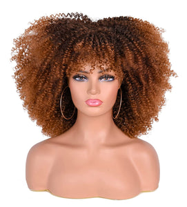 Cali Kinky Curly Brown Highlights 4C Synthetic Wig With Bangs