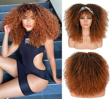 Load image into Gallery viewer, Cali Curly Blonde/Brown Highlights 4C Synthetic Wig With Bangs