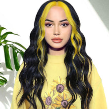 Load image into Gallery viewer, Black &amp; Yellow Highlights 24 Inches Long Wavy Middle Part Synthetic Wig