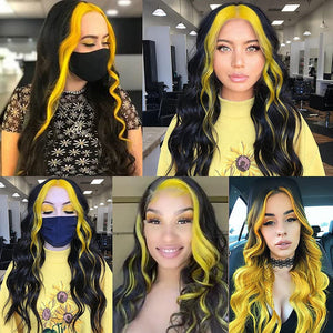 Black & Yellow Highlights 24 Inches Long Wavy Middle Part Synthetic Wig