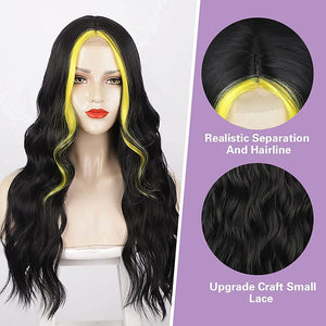 Black & Yellow Highlights 24 Inches Long Wavy Middle Part Synthetic Wig