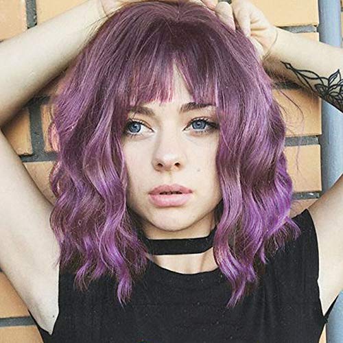 Purple Short & Wavy Synthetic Bob Wig with Straight Bangs