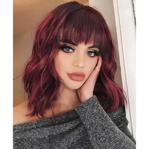 Chelsea Red Wine Short & Wavy Synthetic Bob Wig with Straight Bangs