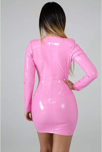Pink Deep V Faux Leather Zip- Up Mini Dress