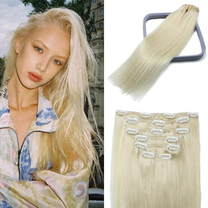 Platinum Blonde Straight Human Hair Clip-in Hair Extensions