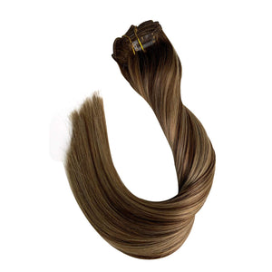 Maddy Brown with Blonde Highlights Silky Straight Human Hair Clip-In Extensions