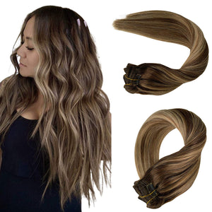 Maddy Brown with Blonde Highlights Silky Straight Human Hair Clip-In Extensions
