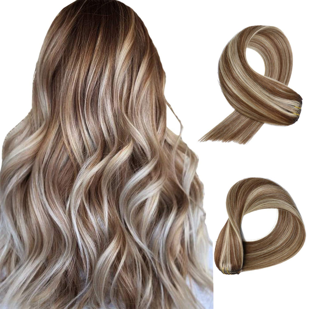 Brown Chestnut With Blonde Highlights Silky Straight Human Hair Clip-In Extensions