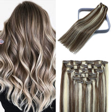 Load image into Gallery viewer, Caramel Blonde With Brown Highlights Human Hair Clip-in Hair Extensions