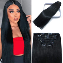 Load image into Gallery viewer, Jet Black Straight Human Hair Clip-in Hair Extensions
