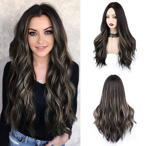 Dark Brown w/ Highlights Long Wavy Synthetic Wig