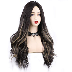 Dark Brown w/ Highlights Long Wavy Synthetic Wig