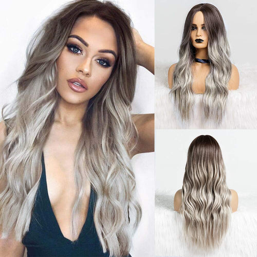 Millie Grey Hihglights Middle Part Long Wavy Synthetic Wig