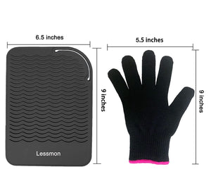 Black Heat Resistant Mat for Hair Styling Tools, 9" x 6.5" with Heat Resistant Glove
