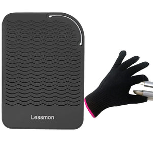 Black Heat Resistant Mat for Hair Styling Tools, 9" x 6.5" with Heat Resistant Glove