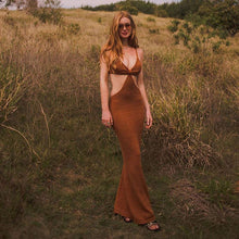 Load image into Gallery viewer, Brown Knit Cut Out Sweatheart Backless Maxi Dress