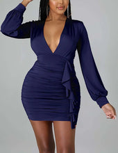 Load image into Gallery viewer, Blue Ruched Puff Sleeve Bodycon Mini Dress