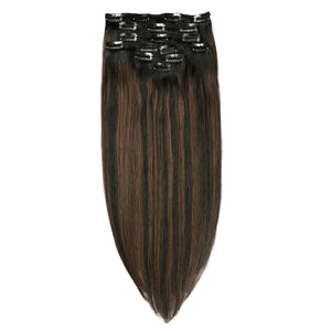 Casey Black With Brown Highlight Silky Straight Human Hair Clip-In Extensions