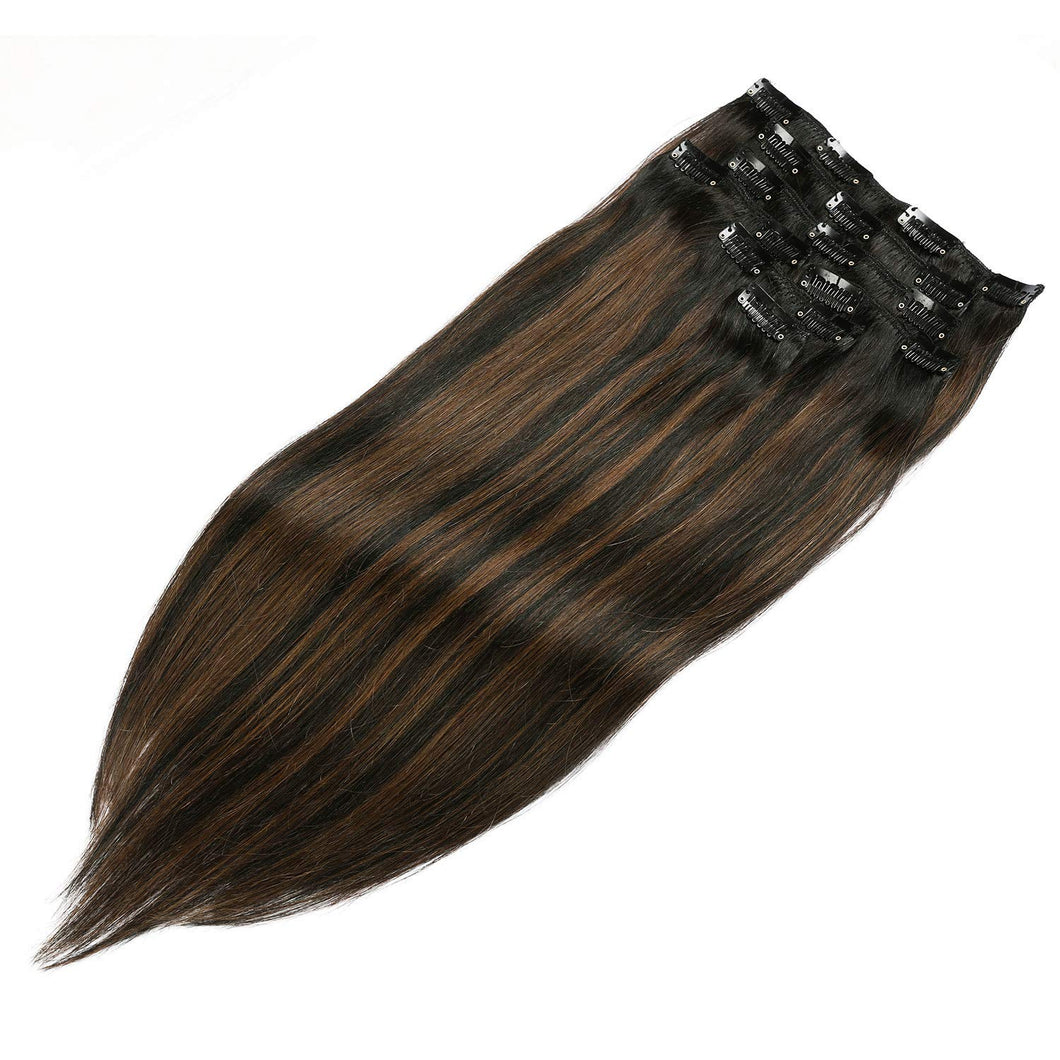 Casey Black With Brown Highlight Silky Straight Human Hair Clip-In Extensions