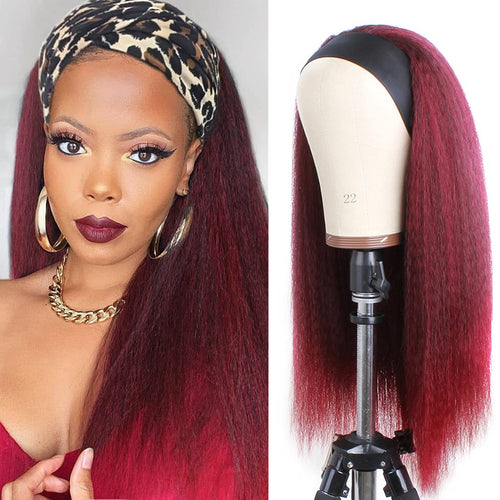 Yaki Straight Red Burgundy Synthetic Headband Wig