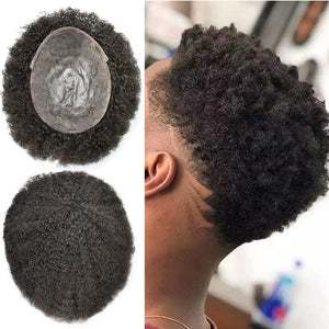 Jet Black 8-12mm Soft Human Hair Afro Curly Toupee for Men
